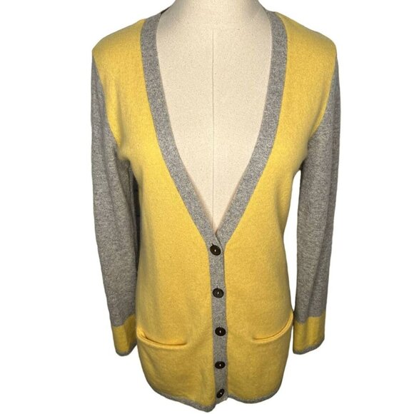 Neiman Marcus M 100% Cashmere VARSITY Sweater Long Cardigan Luxury Yellow Gray - Picture 2 of 6